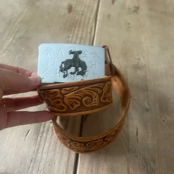 Verkamp’s  western Floral Embossed Tan Leather Belt with Silver Buckle - Picture 3 of 15